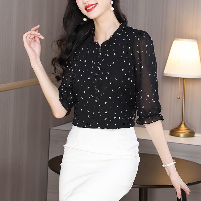 La Chapelle Women's Black Floral Half-Sleeve Shirt