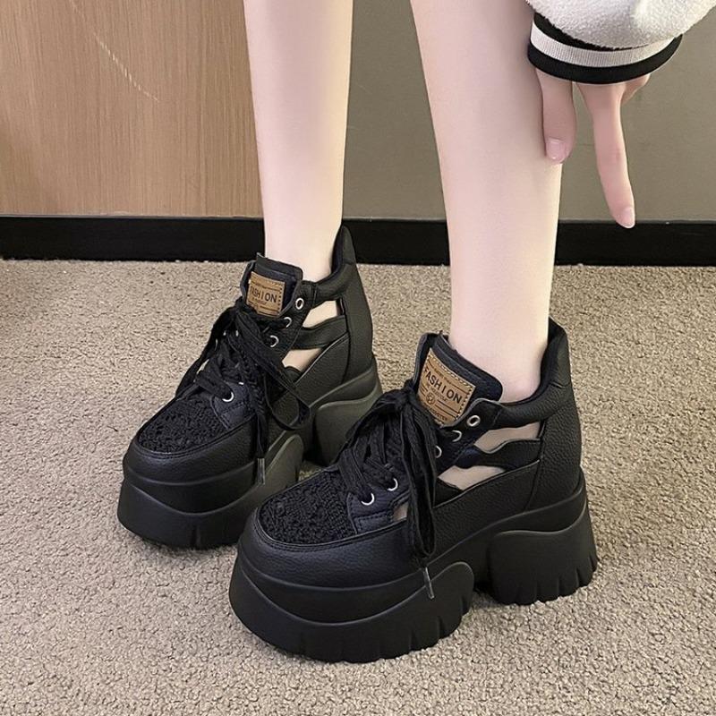 Fashion Autumn New Coarse Heel Shoes Women's Round Head Splicing Hollow Breathable Front Lacing Thick Sole Anti-slip Low-top Shoes