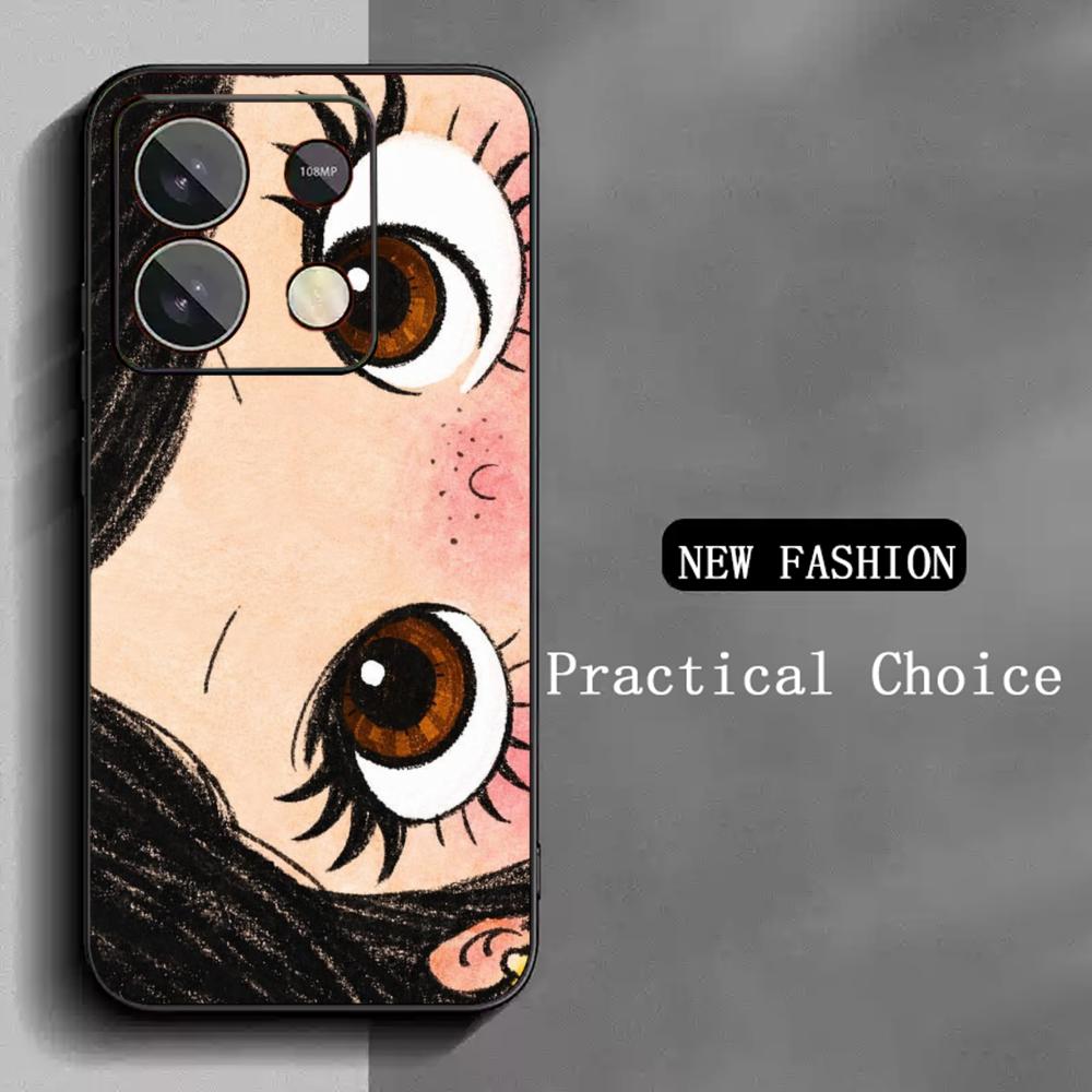 Cute girl cartoon big eye design Phone Case For Redmi Note 14 13 12 11 Pro Plus S 5G 14C A3 Soft Black Phone Cover