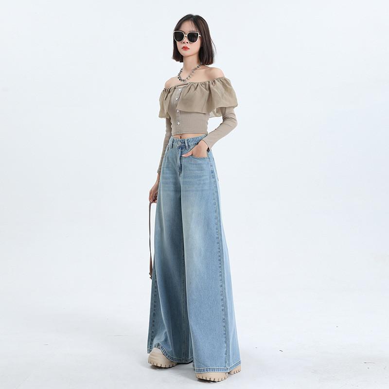High-Waist-Jeans mit weitem Bein für Damen im Retro-Stil und aus Baumwoll-Denim