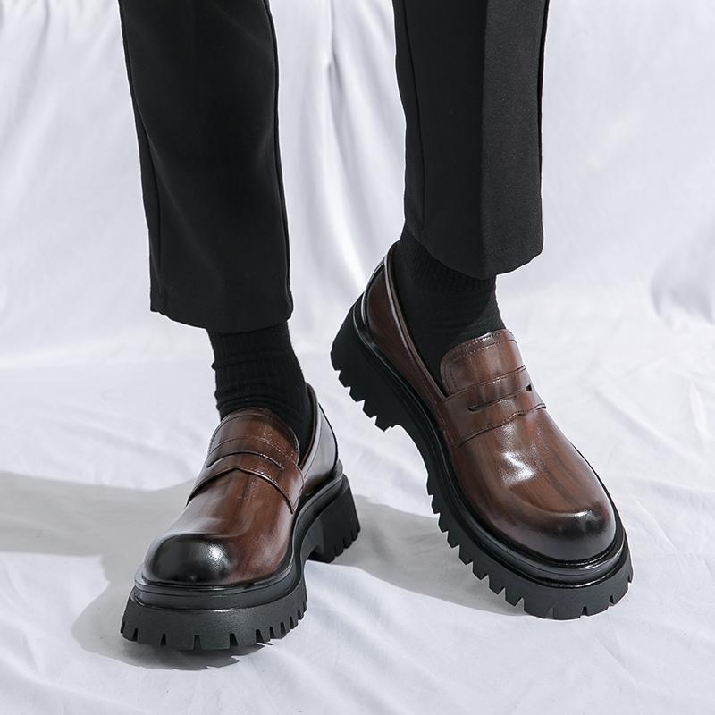 Spring Men's British Thick-Soled Leather Loafers: Trendy Casual Slip-On Shoes