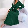 Women Cross V Neck High Waist Long Sleeve Solid Color Pleated Big Swing Maxi Dress