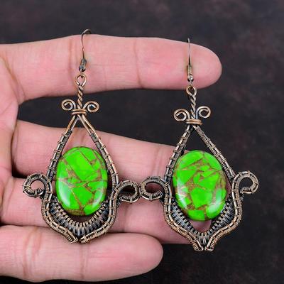 Kupfer Grün Türkis Ohrring Kupferdraht umwickelte Ohrringe Handgefertigter Schmuck Edelstein Ohrring Geburtsstein Ohrring Geschenk für Sie Kupferschmuck