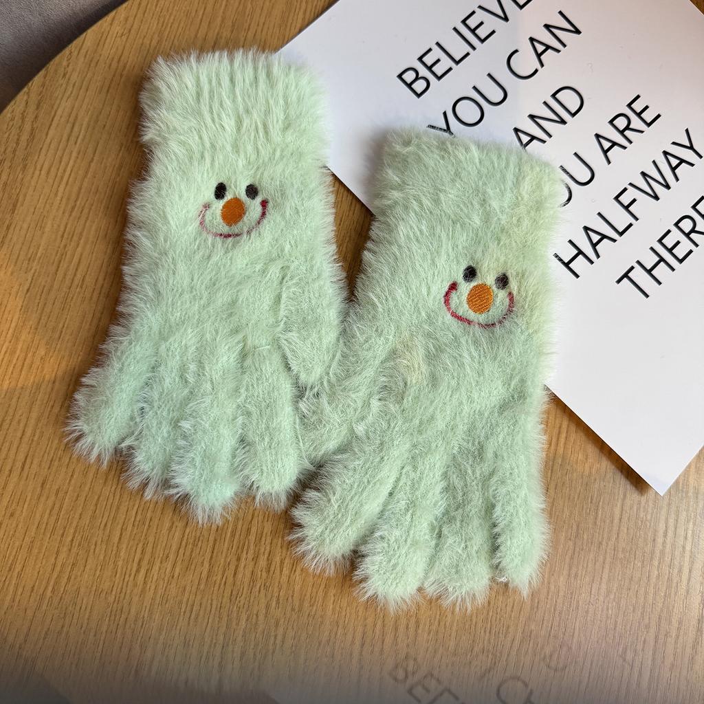 Niedliche lächelnde Gesichter bestickte Plüschhandschuhe für Damen im Winter Fellartig und Samt Warm und Kältefest Studenten Radfahren Touchscreen-Handschuhe