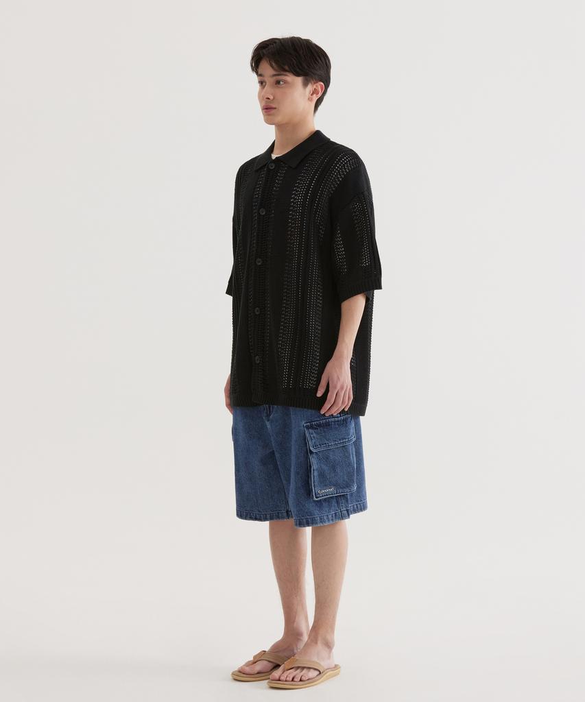 COVERNAT Crochet Half Knit Shirt Black