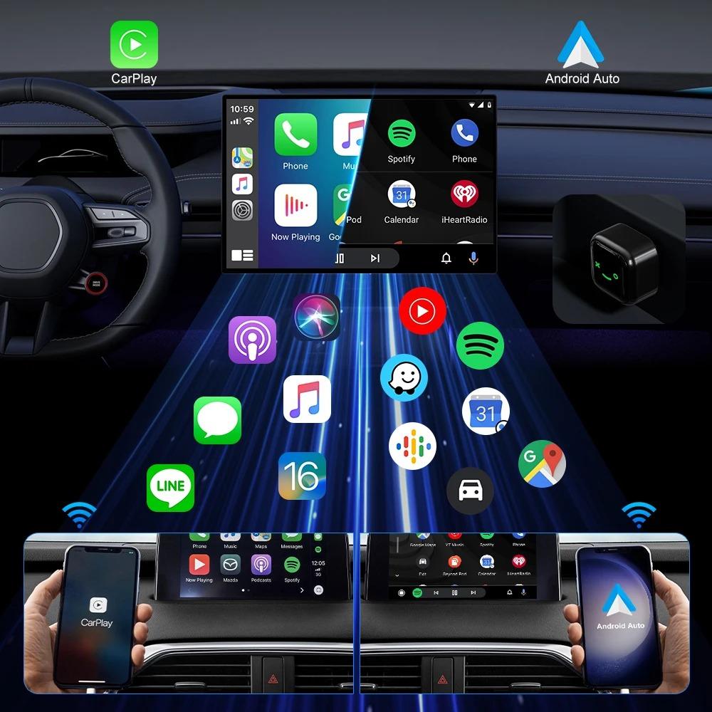 Adaptor 2 în 1 cu fir la wireless CarPlay Android Auto, actualizare OTA, mini dongle pentru sisteme auto OEM cu fir CarPlay Android Auto