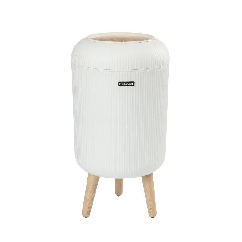 Round High-Foot Trash Can with Wood Grain Lid - Large Capacity for Kitchen & Bathroom