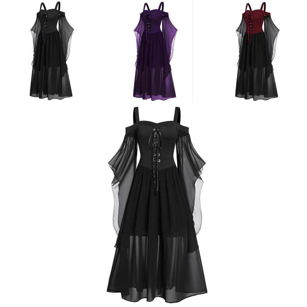 Halloween Witch Dress Gothic Medieval Cosplay Costume Off Shoulder High Quality Polyester Fabric