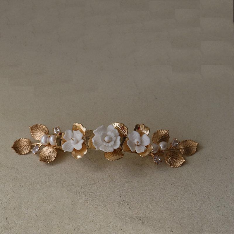 Ceramic Flower Hairpin Gorgeous Zircon Spring Side Clip Romantic Copper Leaf Wedding Hair Accessories Pearl Prom Jewelry