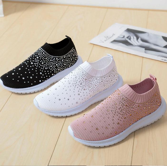 Women's Lightweight Breathable Mesh Elastic Casual Shoes Striped Rainbow Rhinestone Shoes