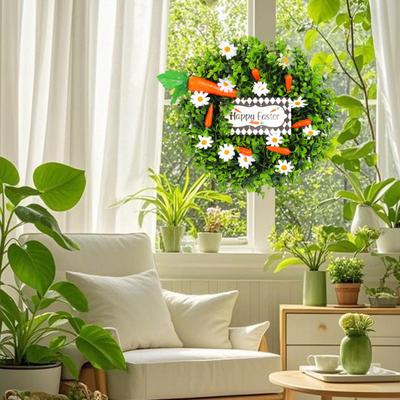 Artificial Eucalyptus Wreath with Carrots Spring Summer Wildflower Wreath with Green Leaves for Front Door Wall Window Porch Easter Party Decor