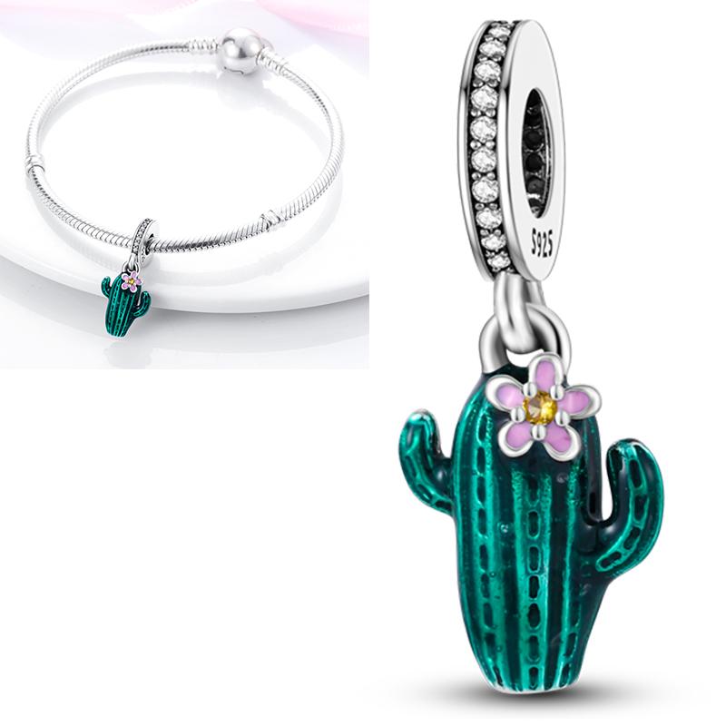 Neuer 925er Silber Kaktus Kleeblatt Anhänger Frühlingsgrüne Serie Perlenanhänger Für Original Perlenarmband DIY Schmuck