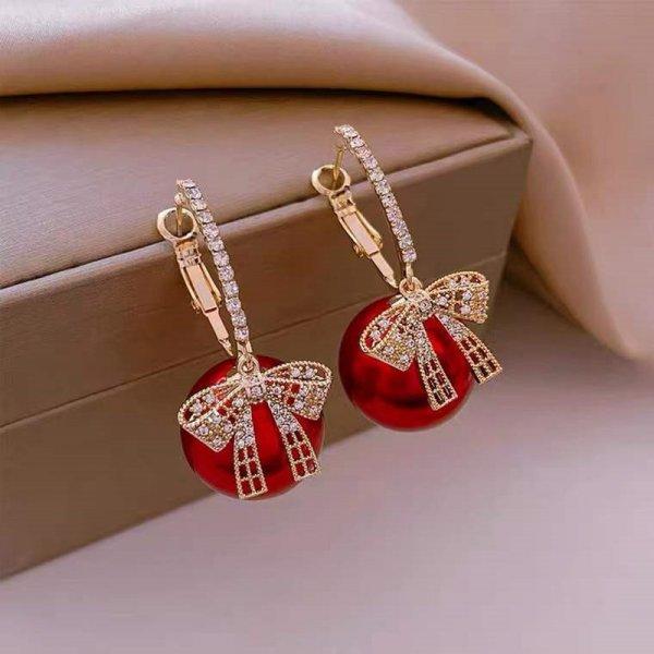 Christmas Red Zircon Crystal Bow Stud Earrings For Women Heart Shape Bowknot Christmas Earring New Year Festival Jewelry