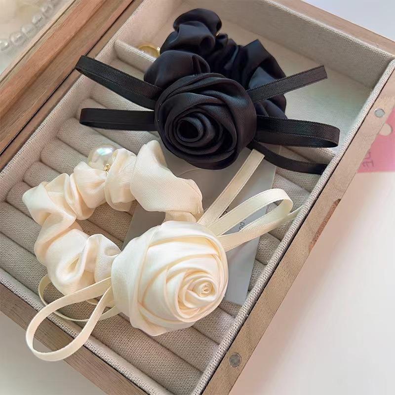 French Retro Fabric Rose Large Intestine Hair Band Elegant Bow  High-Grade Scrunchies Girl Hair Accessoires