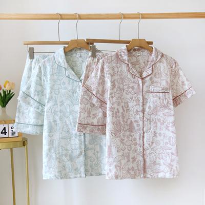 New Summer Pajama Set 100% Cotton Gauze Short Sleeve Shorts Two Piece Set Ladies Printed Homewear Set Summer Thin Sleepwear