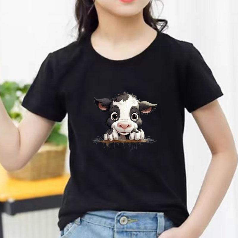 Kids Cotton T Shirt Black And White Cow Peeking Over Land Print Crew Neck Short Sleeve Tee Casual Boys Girls Summer Tops