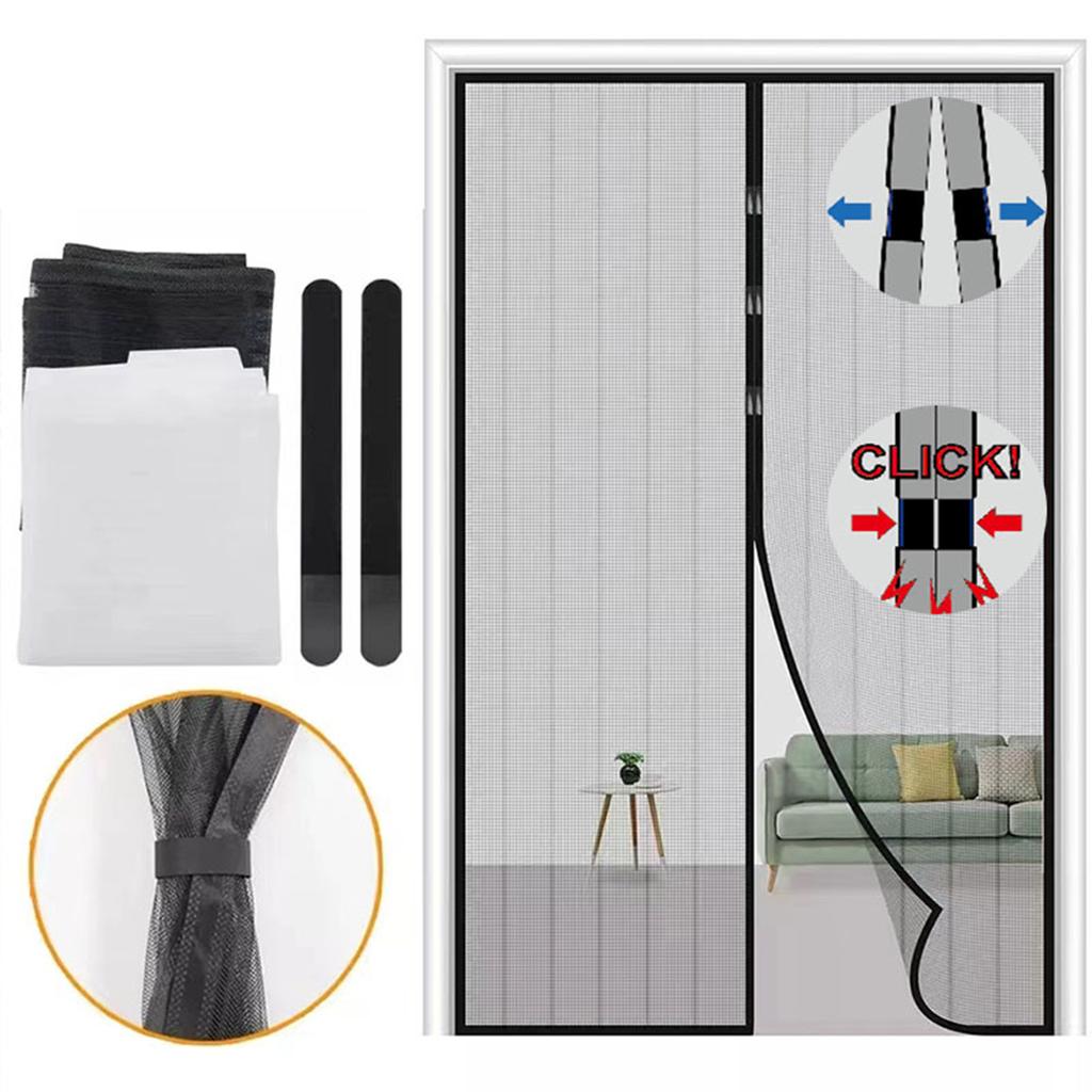 Magnetic Snap Screen Door Curtain Polyester Mesh Full Frame Hook & Loop Fits Doors Up To 210cm