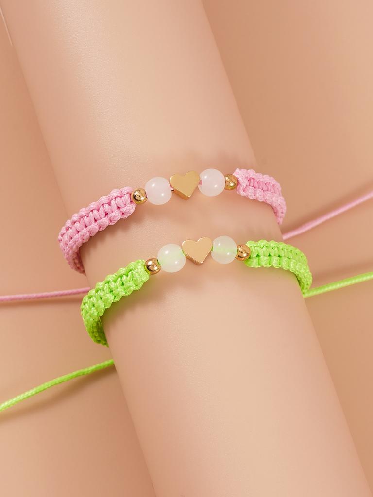 2Pcs/Set Handmade Love-Shaped Couple Bracelets Pink & Green for Women Men Valentine's Day Gifts