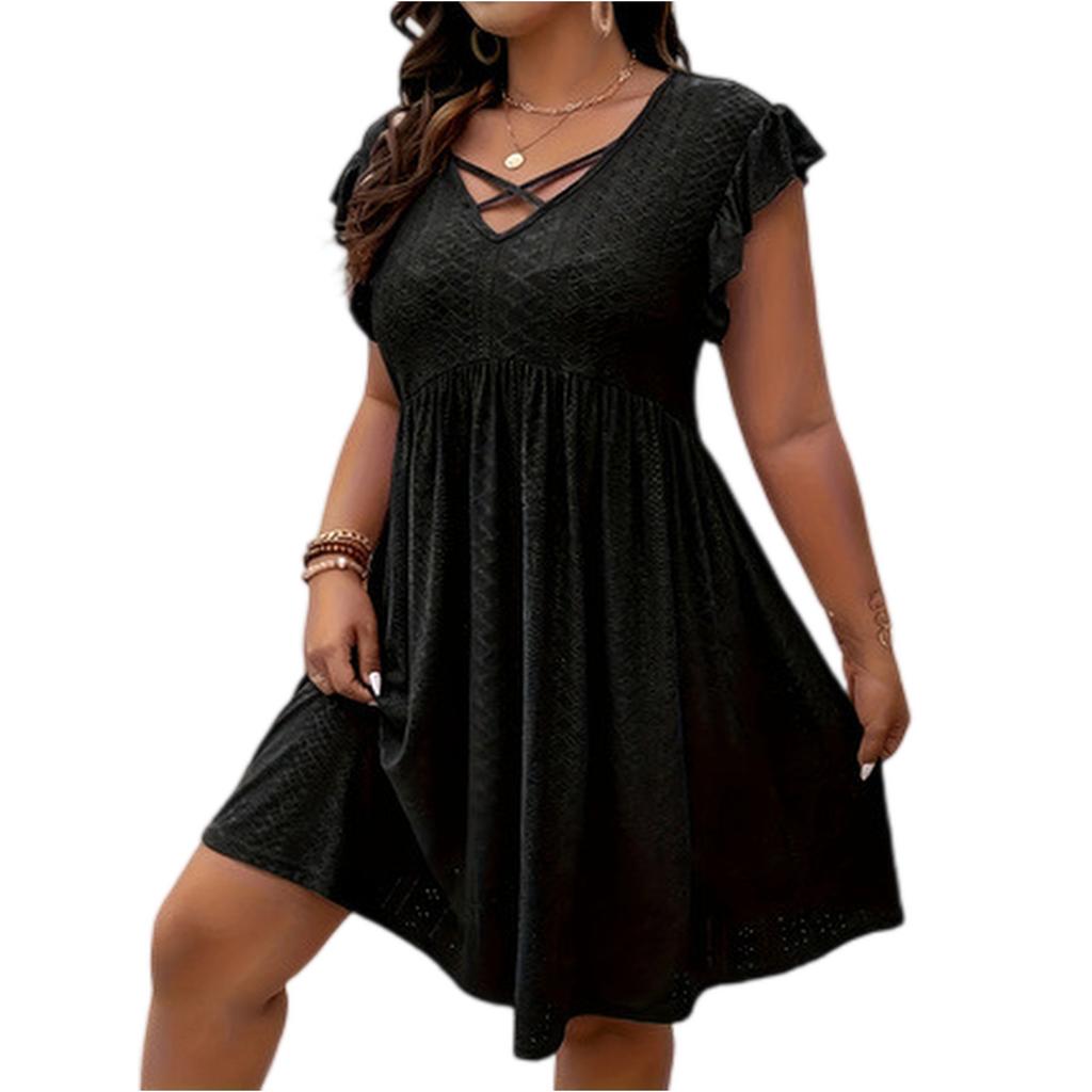 Women’s Short Sleeve V Neck Mini Dress with Ruffle Sleeves and Crisscross Front Casual Loose Fit
