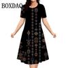 Vintage Elegant Ethnic Elements Flowers Printed Dress Big Size Women's Summer Short Sleeve O-Neck Casual Loose Dress Vestidos