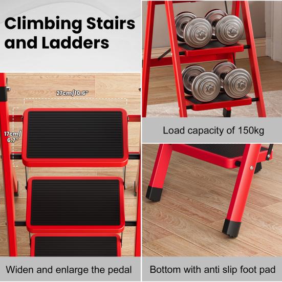 3 Step Ladder Ladder, Portable Steel Folding Stool with Tool Platform, Wide Anti-Slip Pedal and Feet for Household, Office, Iron Construction,