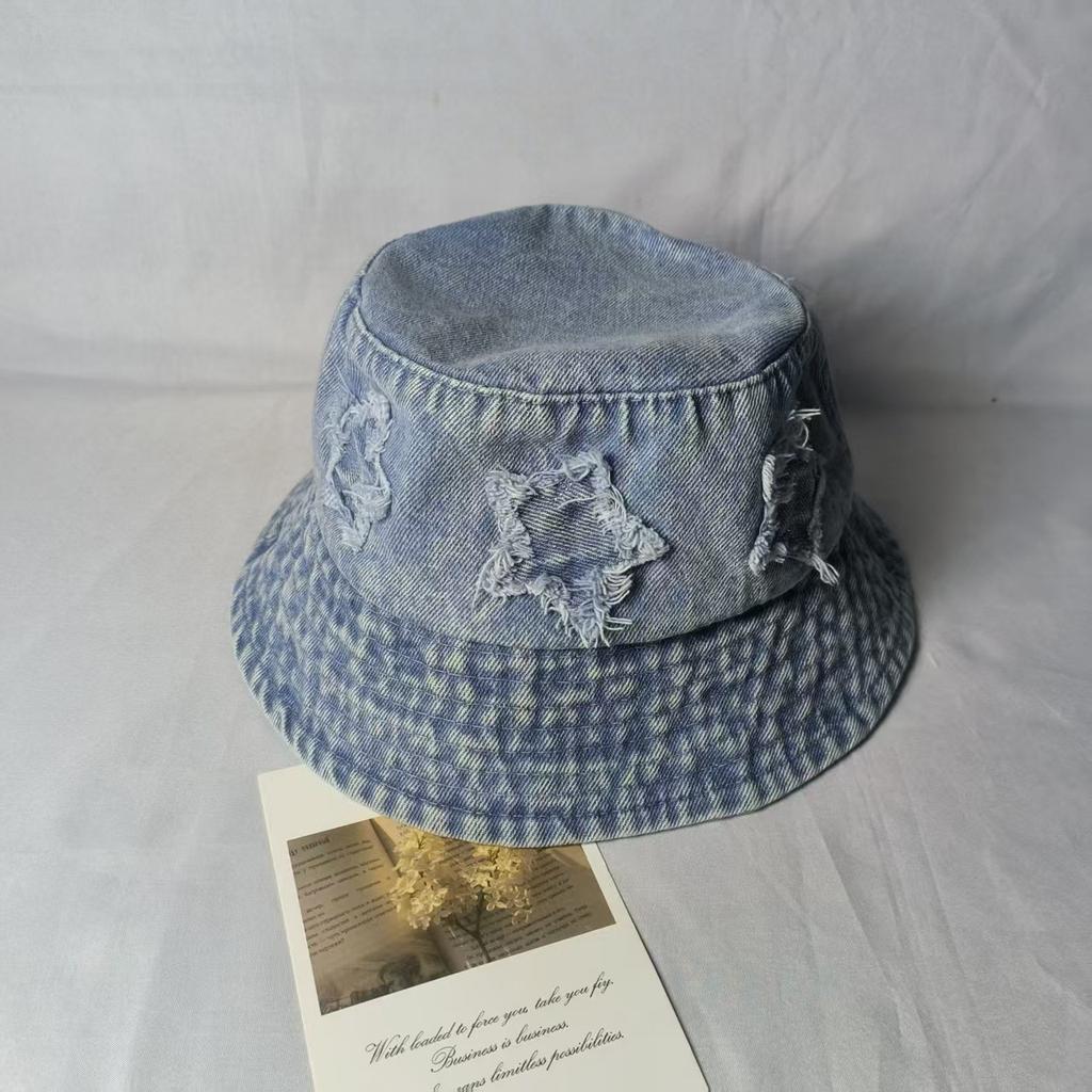 New Five Pointed Star Patch Denim Fisherman Hat For Women, Sweet Retro Street Versatile Bucket Hat