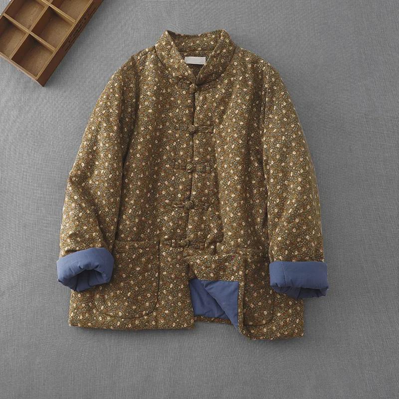Giacca invernale corta da donna in cotone floreale in stile cinese con bottoni doppiopetto