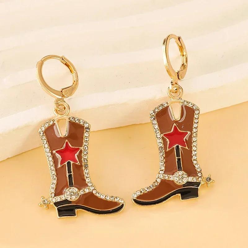 Western Cowboy Red Star Cow Pattern Boots Enamel Stud Earrings for Women Party Fashion Jewelry Minimalist Accessories Wholesale