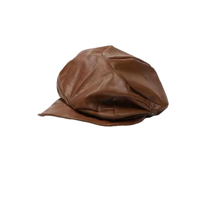 Black beret women's new spring and autumn forward hat big head circumference pleated leather octagonal painter hat