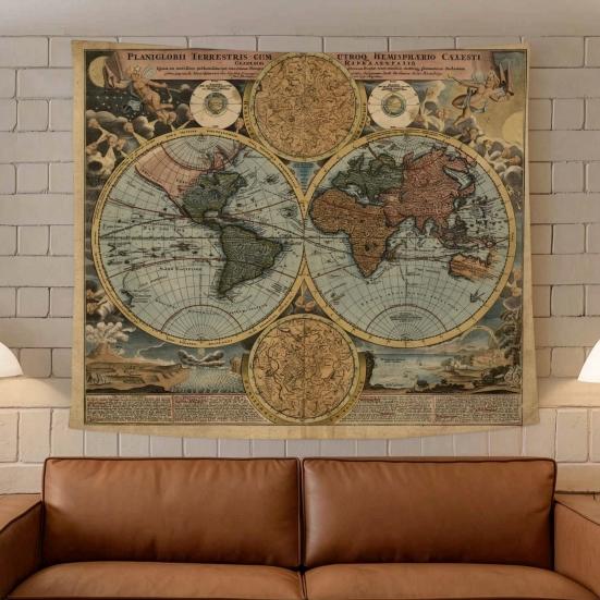Tapeçaria de Parede Mundial, Pôster de Tecido da Terra para Sala de Estar, Arte de Parede Boho para Quarto, Capa de Fundo Vintage para Dormitório