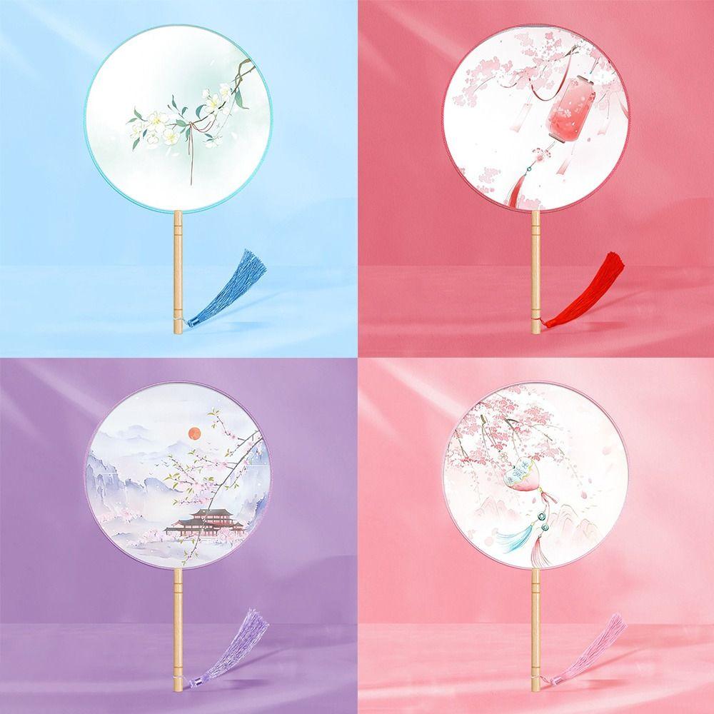 Half Transparent Round Hand Fan Long Handle Silk Fan Hanfu Embroidered Fan  Dance Performance