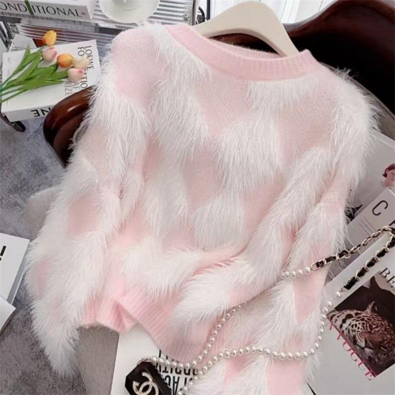Locker gestrickter Pullover Damen Winter Flauschig Koreanischer Stil Diamantbestickt Freizeitkleidung XL white