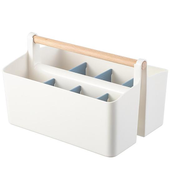 Desktop Plastic Caddy with Wooden Handle Art Supply Organizer Bin with Adjustable Dividers Makeup Basket Storage Tote for Colored Pencils Brushes