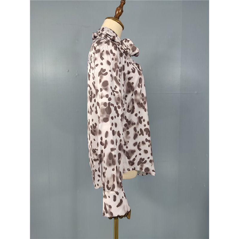 French Style Temperament 2025 Early Spring New Arrival Purple Pink Print Fashion Smooth Satin Long Sleeve Stand Collar Shirt Leopard Print Tops