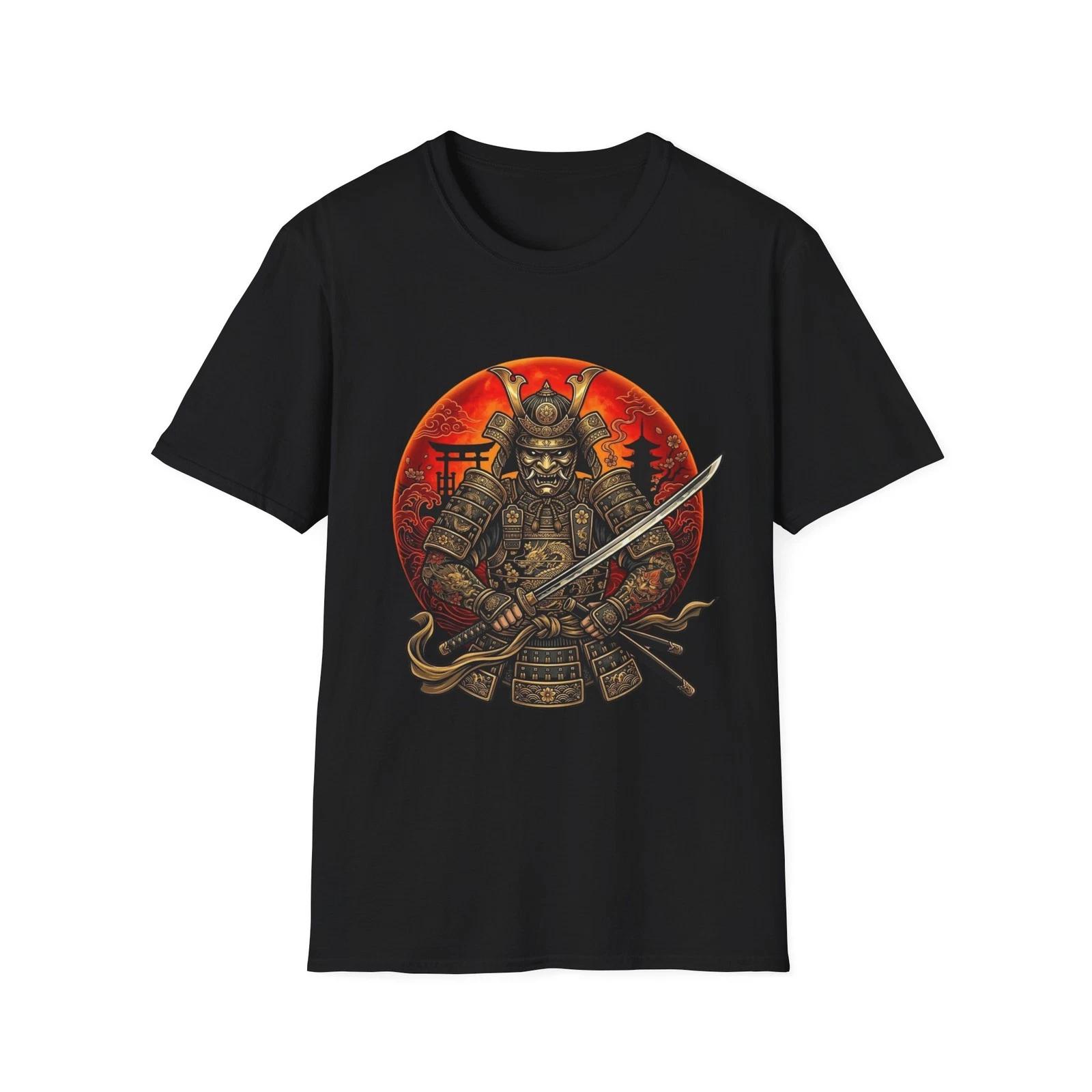 Men s Japanese Samurai Warrior T-Shirt Katana Red Sun Graphic Bushido Tee Black S