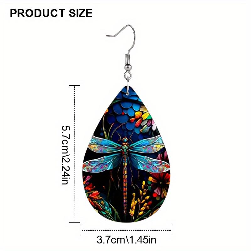 Colorful Dragonflies Flowers PU Leather Earrings Y2K Earrings Double-sided Printed Water Drop Earrings