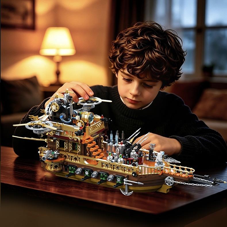 1549PCS City Retro Steamship Building Blocks Set MOC Propeller Aircraft Assemble Model Brick STEM Educational Science Toys Gifts