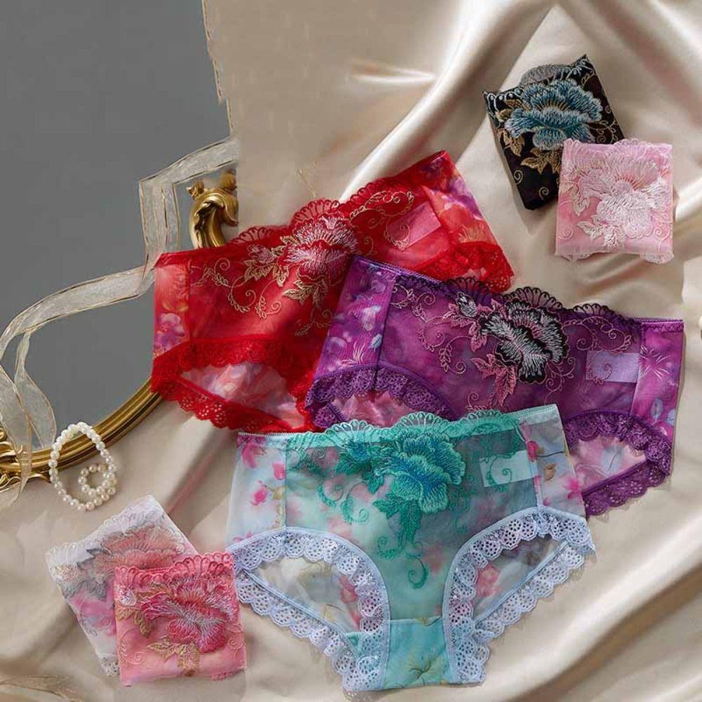 4Pcs Plus Size Lace Flower Underpants Transparent Underwear for Women Lace Seamless Briefs  Gifts