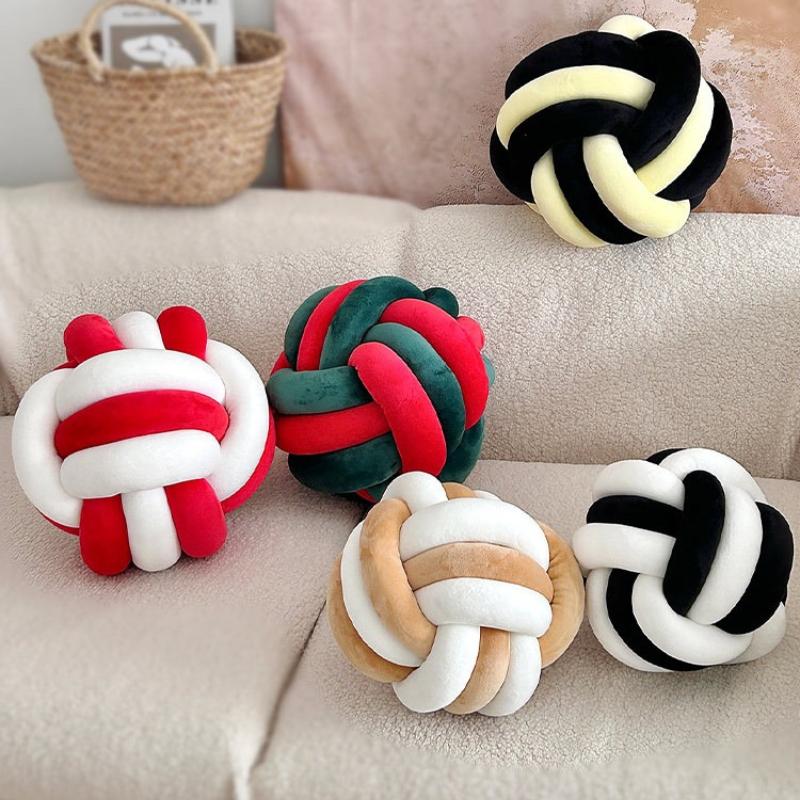 Luxury Knotted Ball Throw Pillows Woven Sofa Cushions Color-blocked for Bay Window and Long Sitting