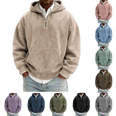 Men's Casual Solid-color American Distressed Hooded Sweatshirt, Men's Suede Semi-zipped Loose Hooded Shirt