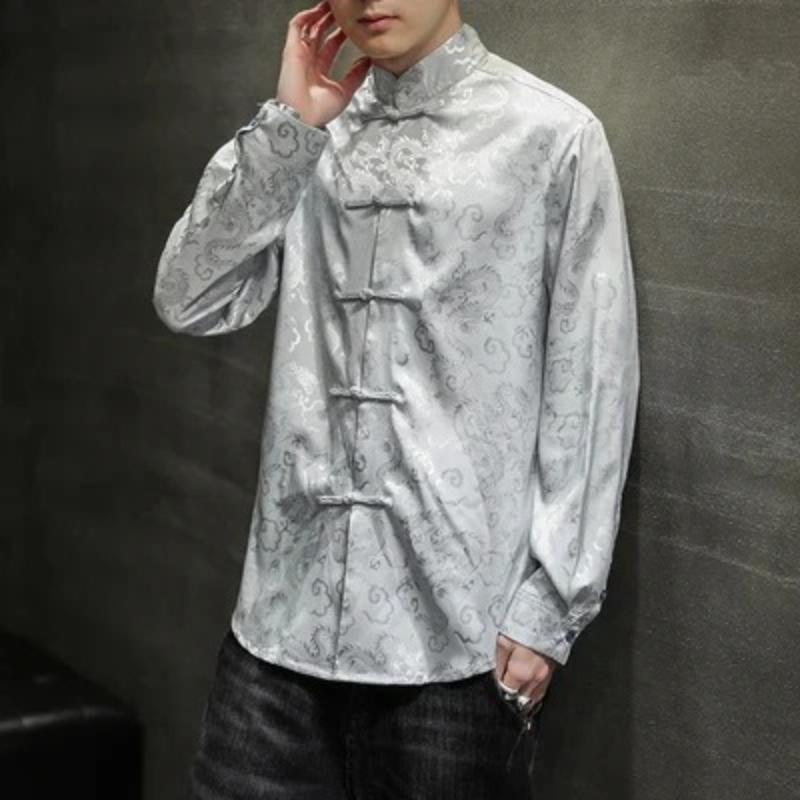 Men Chinese Style Vintage Shirt Mens Tops Tang Suit Fashion Solid Traditional Long Sleeve Stand-Up Collar White Shirt
