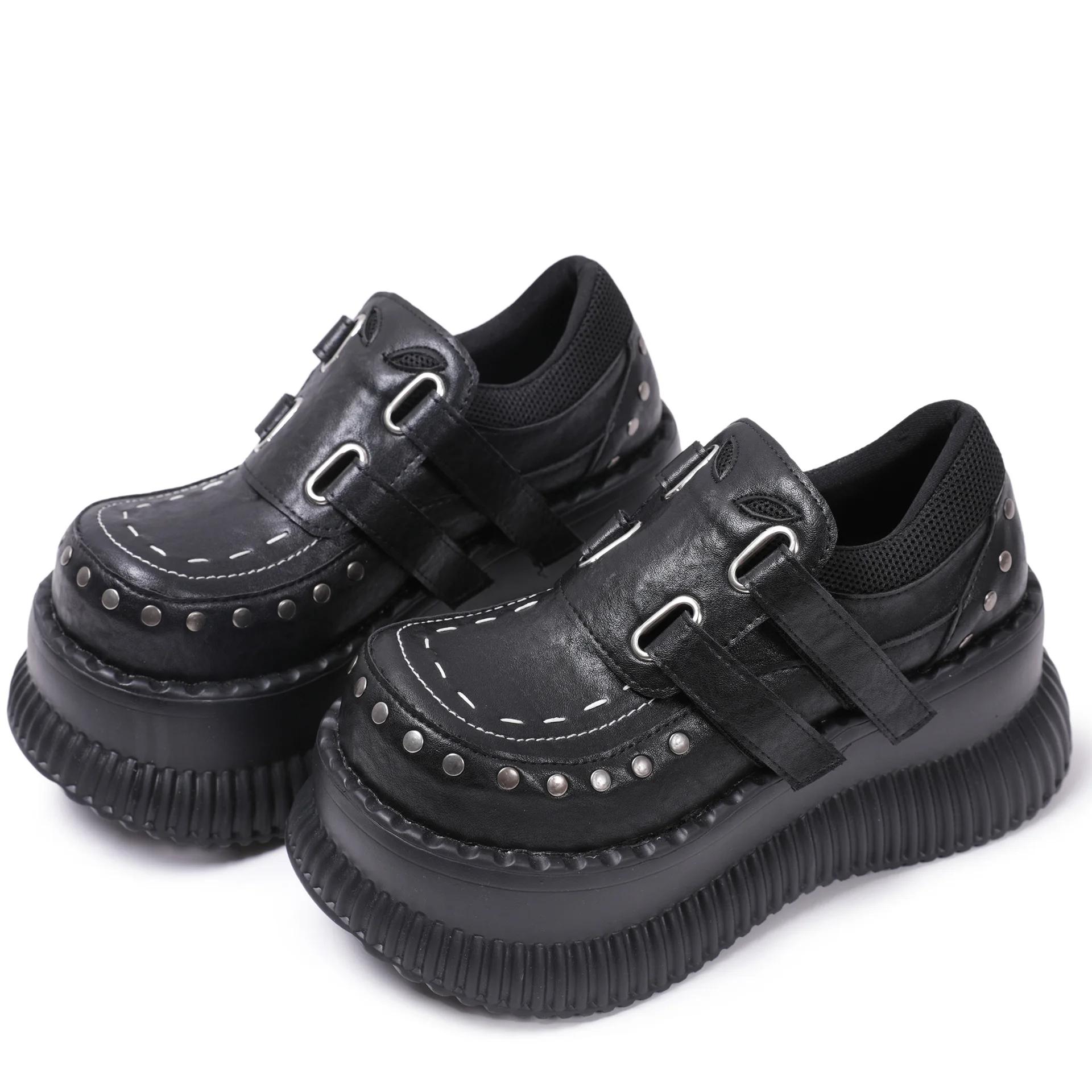 

Модные металлические декоративные цепочки, круглый носок, толстая подошва, платформа, массивные каблуки, женские туфли-лодочки на липучке, модная панк-готика, западный стиль, уличная обувь 34 чёрный