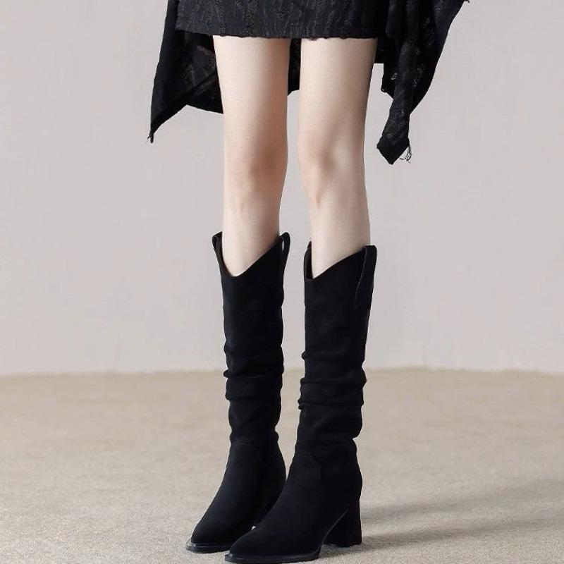 

Модные высокие каблуки Женские Осень Зима 2025 Новые ботфорты Большие размеры Высокие сапоги 42 чёрный