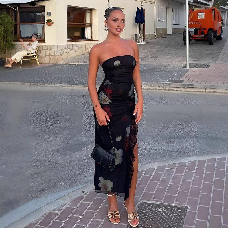 Amerikanische Damenbekleidung Xia Xin Bedrucktes Netz-Einsatz One-Shoulder-Kleid Enganliegend Ärmellos Mit Schlitz
