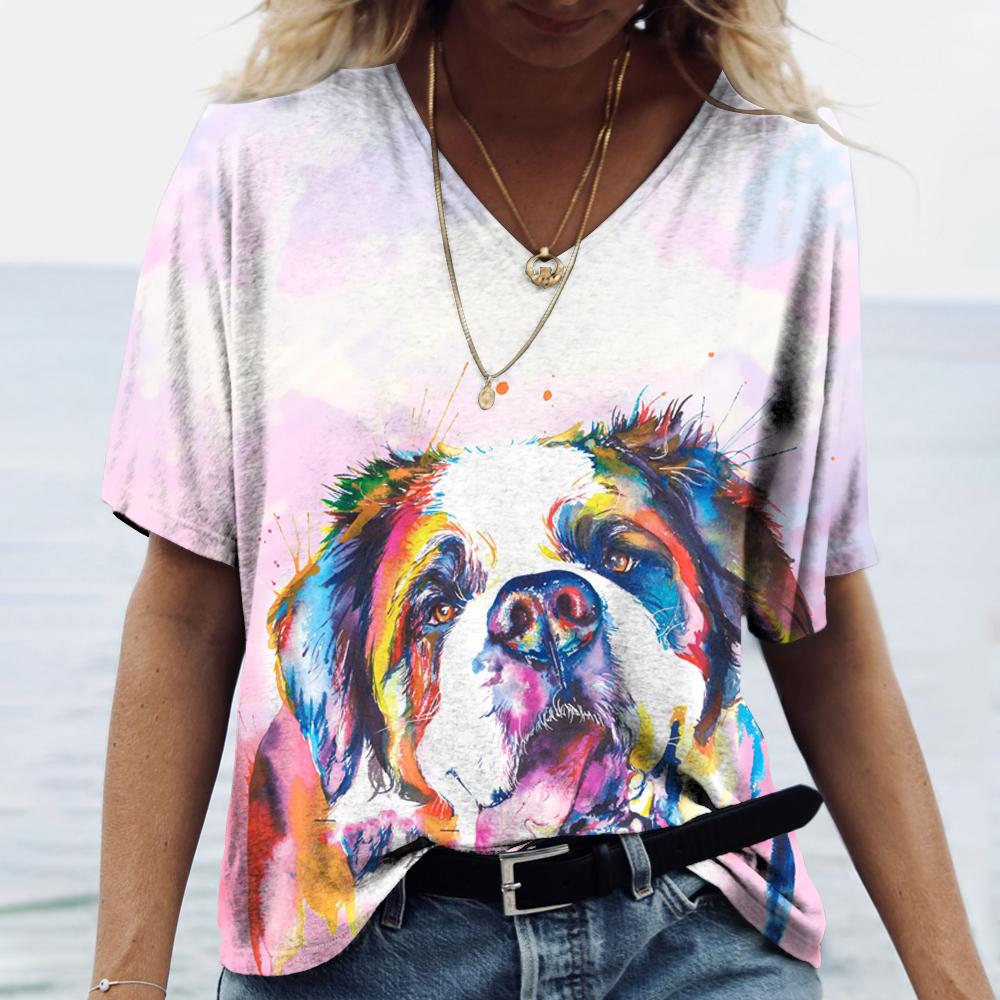 Summer New Women‘s T-shirt Animal Harajuku 3d Print Fashion V-neck Short Sleeve Quality Oversized T-shirt Females Tops Tees