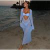 Letní pletené dlouhé šaty s výřezy, bez zad, průsvitné, s dlouhým zvonovým rukávem, sváteční plážové maxi šaty 2025 nové dámské zeštíhlující krytí