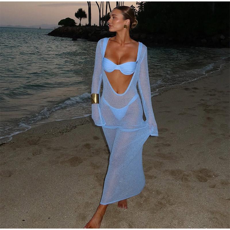 Sommarstickad Utskuren Lång Klänning Rygglös Genomskinlig Lång Flare Ärm Semester Strand Maxi Klänningar 2025 Ny Dam Slim Cover Up