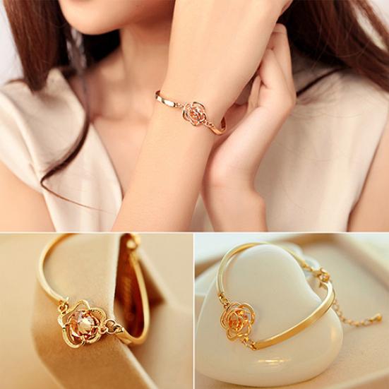 Women Golden Flower Crystal Rose Bangle Cuff Chain Bracelet Chic Jewelry Present