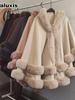 Poncho a maglia larga autunnale invernale con cappuccio e colletto in ecopelliccia - Sciarpa con cappuccio in pile spesso e caldo per protezione del collo - 2 set di cappelli in peluche a doppio strato