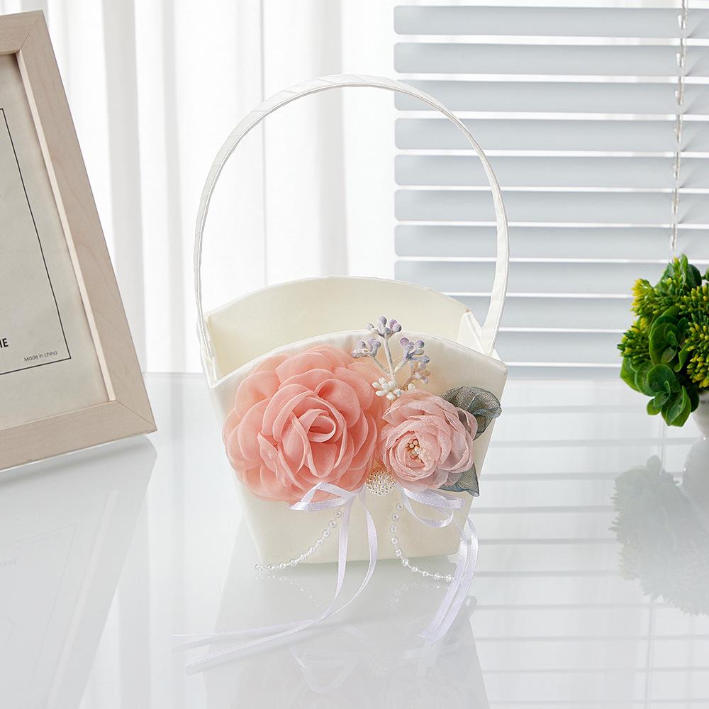 Linen Pearl Flower Basket for Outdoor Wedding - Bridal Handbag or Flower Girl Accessory